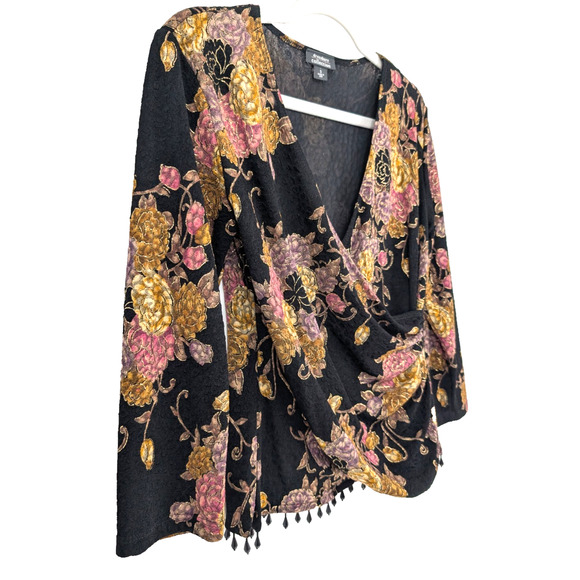 VTG Y2K Black Textured Metallic Floral Bead Trim Boho Whimisigoth Faux Wrap Top - Picture 11 of 12